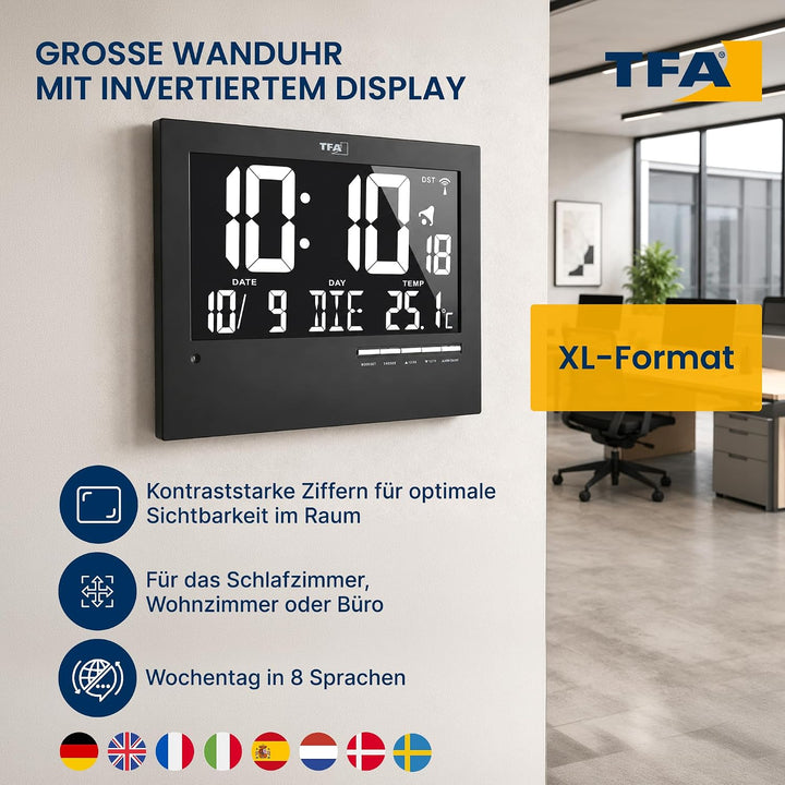 TFA Dostmann Digitale Funkuhr mit automatischer Hintergrundbeleuchtung, mit Innentemperatur, Datum,