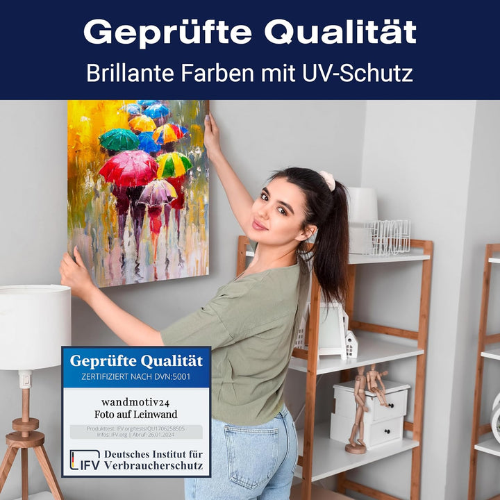 wandmotiv24 Leinwandbild Malerei, 80x60cm, Hochformat, Regenschirme, Menschen, Deko, Bilder auf Lein