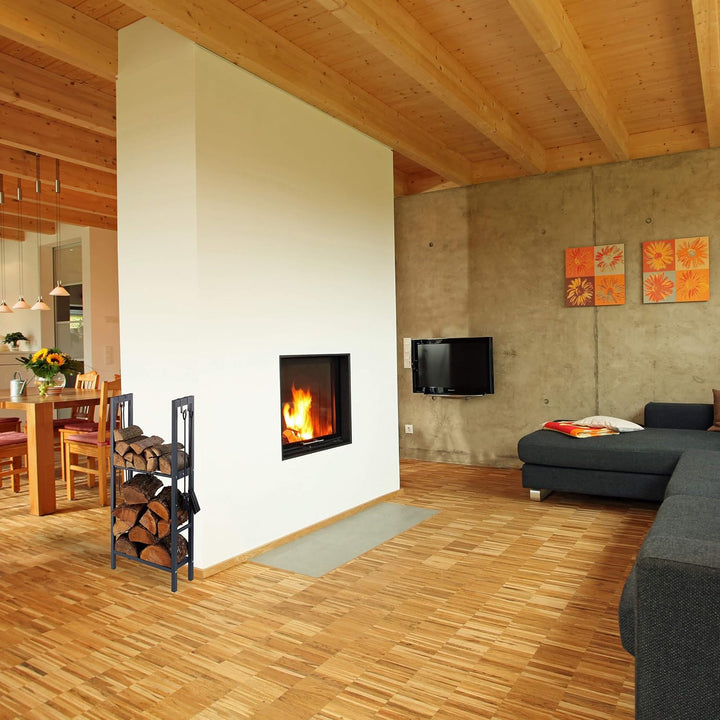 Relaxdays, anthrazit Kaminholzregal mit 2 Ablagen, aus Stahl, 4 Haken für Kaminbesteck, Brennholzreg