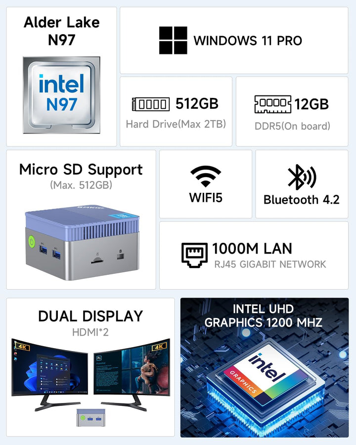 GMKtec Mini-PC N97, G5 Micro-Desktop-Computer, Intel Alder Lake N97 der 12. Generation (bis zu 3,60