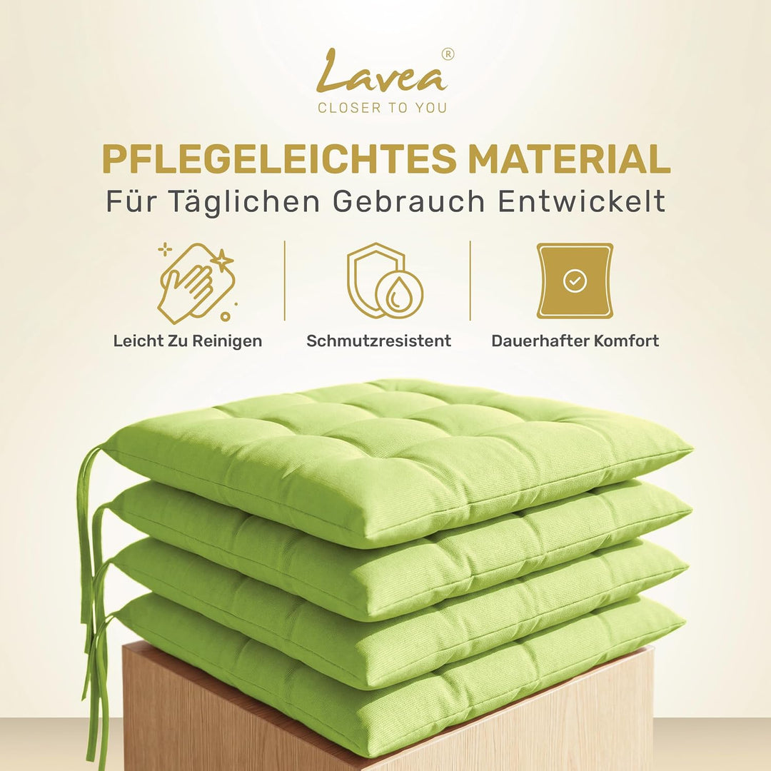 Lavea® Sitzkissen 40x40 cm Lindgrün – 4er Set – mit Stoffbändern, Outdoor &amp; Indoor geeignet – Bequem