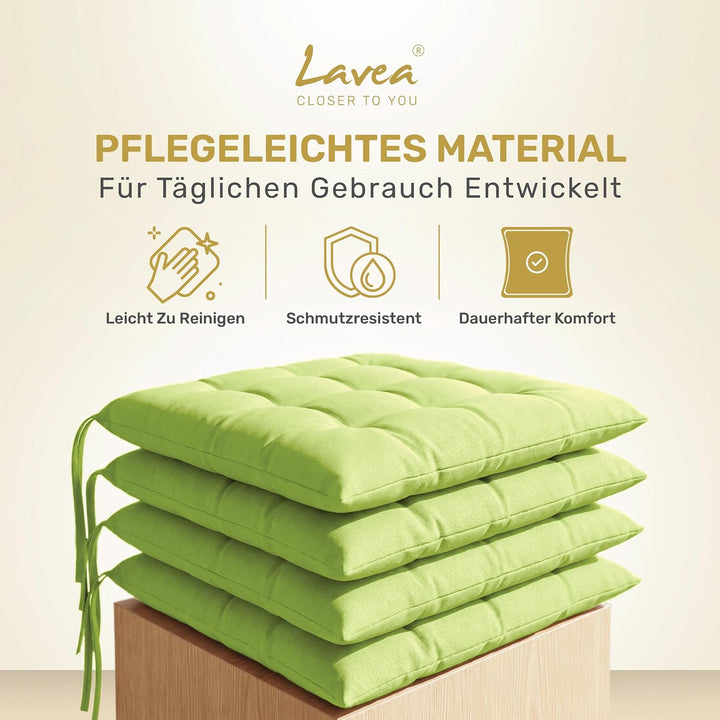 Lavea® Sitzkissen 40x40 cm Lindgrün – 4er Set – mit Stoffbändern, Outdoor &amp; Indoor geeignet – Bequem