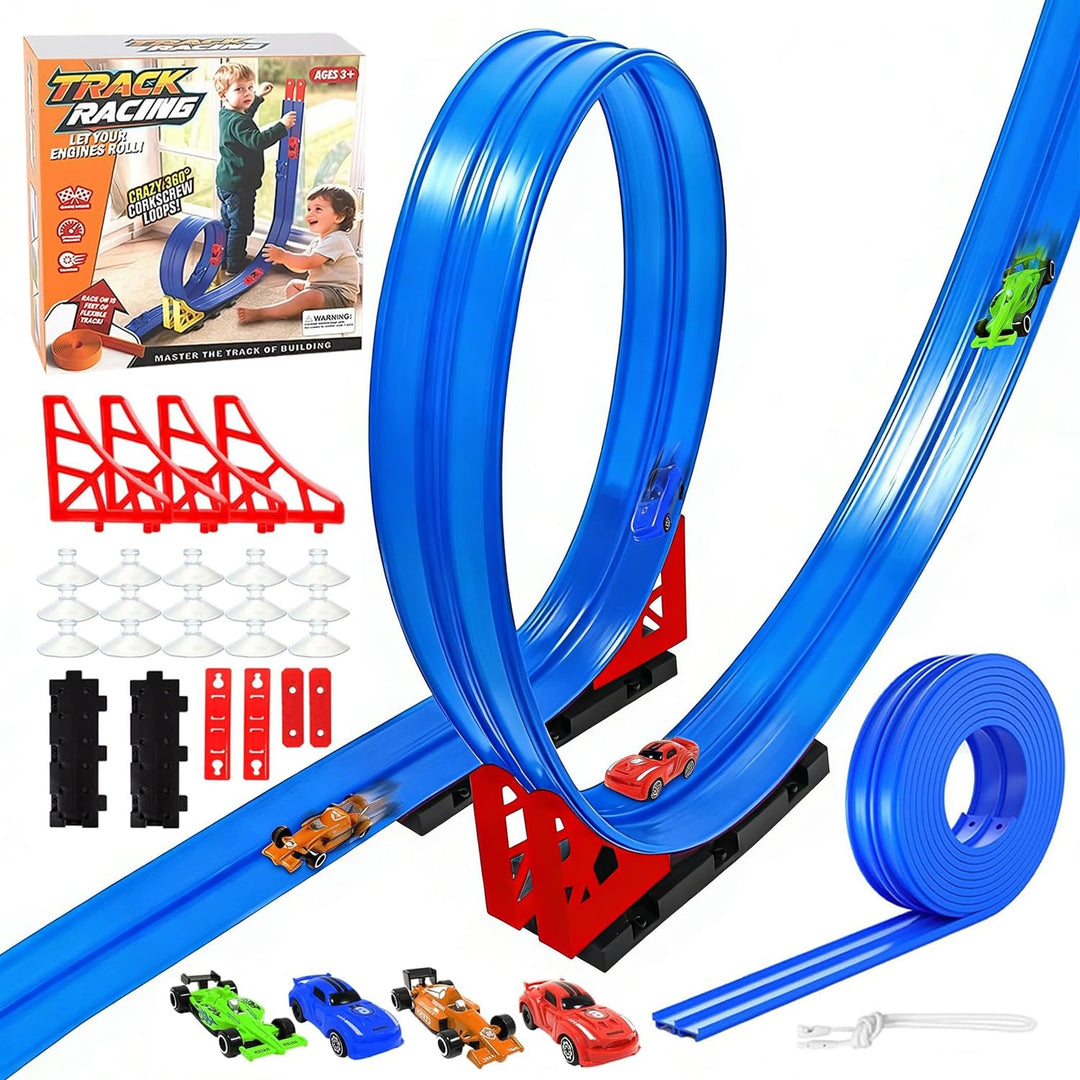 Flexible Rennbahn Kinder, 4M Flexible Autorennbahnen mit 4 Autos Rollt Auf, Flexible Rennbahn Dual R