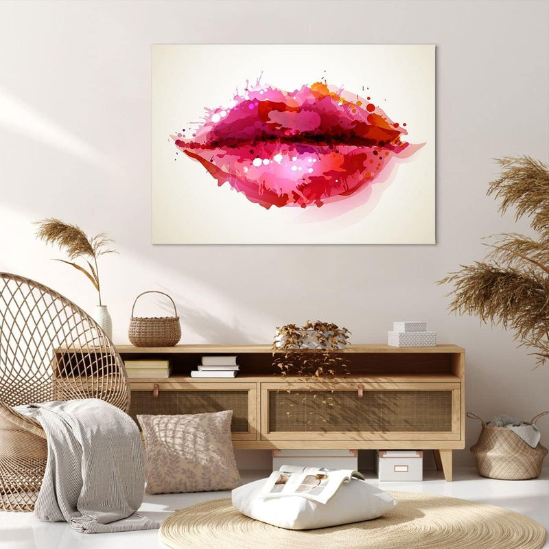 Bilder auf Leinwand 100x70cm Leinwandbild Rote Lippen glänzend Lippe Glanz Gross Wanddeko Bild Schla