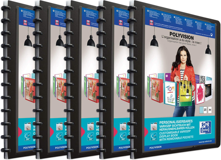 Oxford polyvision Ringmappe A4, mit vario-zipp, 20 Hüllen, schwarz, 5er Pack schwarz Single, schwarz