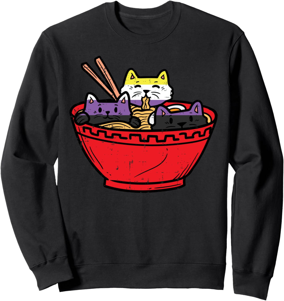 Cats in Ramen Anime Food LGBTQ Non-Binary Flag Genderqueer Sweatshirt