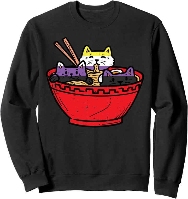 Cats in Ramen Anime Food LGBTQ Non-Binary Flag Genderqueer Sweatshirt