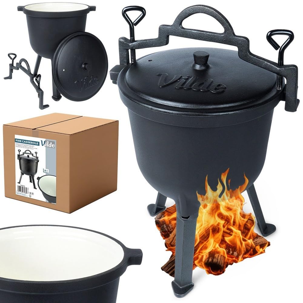 Vilde Gusseiserner Kessel auf Füssen mit Deckel - 8 Liter Hexenkessel Gusseisen Schwarz - Ideal für