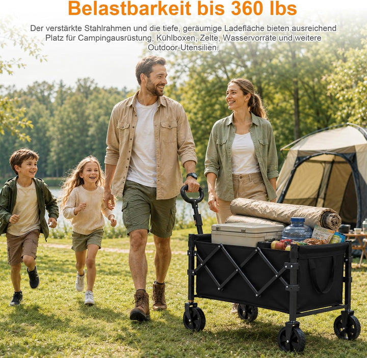 Bollerwagen Faltbar 120L Tragkraft 160KG, 360° Geländeräder, Bollerwagen XL mit 2 Getränkerhaltern,