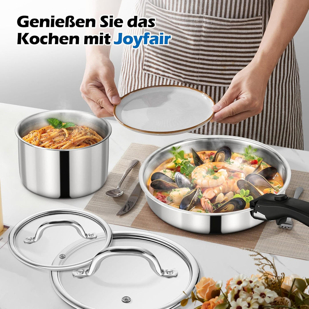 Joyfair Topfset, 9-Teilig Edelstahl Pfannenset mit Abnehmbarer Griff, Stapelbar Induktion Topfsets m