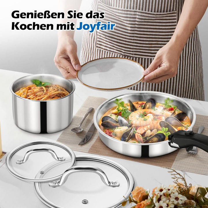 Joyfair Topfset, 9-Teilig Edelstahl Pfannenset mit Abnehmbarer Griff, Stapelbar Induktion Topfsets m