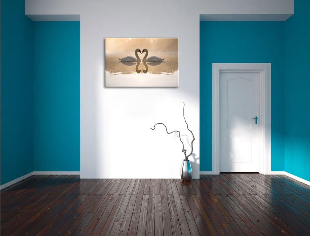 Verliebte weisse Schwäne im Morgengrauen Format: 100x70 auf Leinwand, XXL riesige Bilder fertig gera