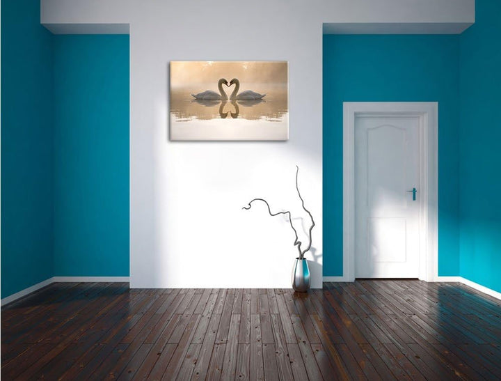 Verliebte weisse Schwäne im Morgengrauen Format: 100x70 auf Leinwand, XXL riesige Bilder fertig gera