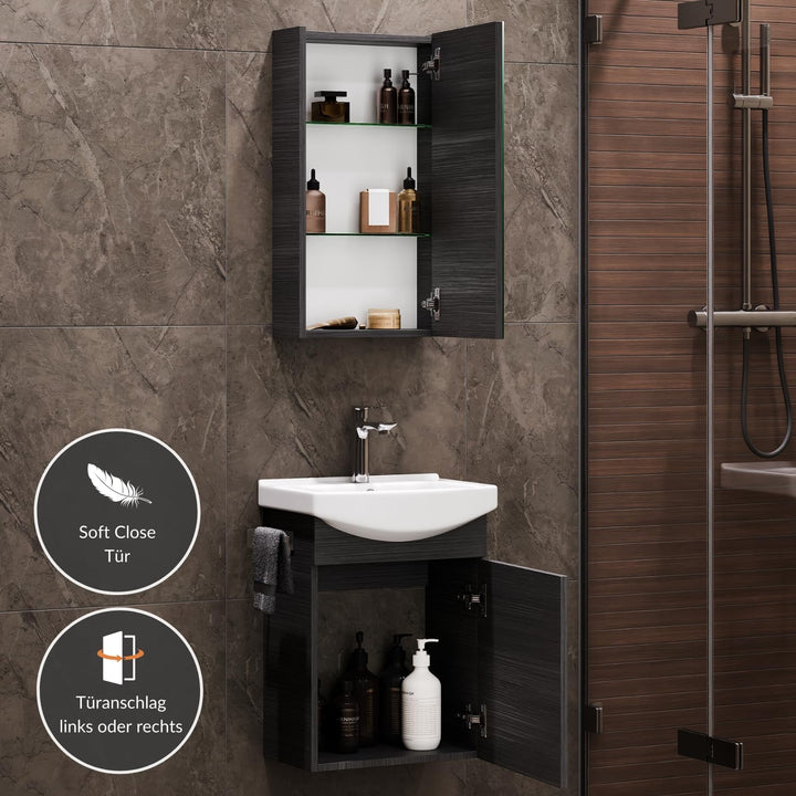 Planetmöbel Badmöbel Set aus Waschtisch + Waschbecken + Spiegelschranki, Gäste Bad WC, Farbe Anthraz