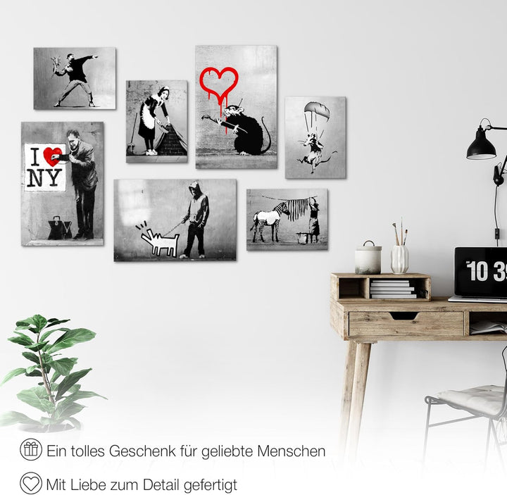Novart Wandbilder Banksy Collage - KOMPLETT AUFHÄNGFERTIG - Street Art Wohnzimmer Büro Loft - 7 Mode