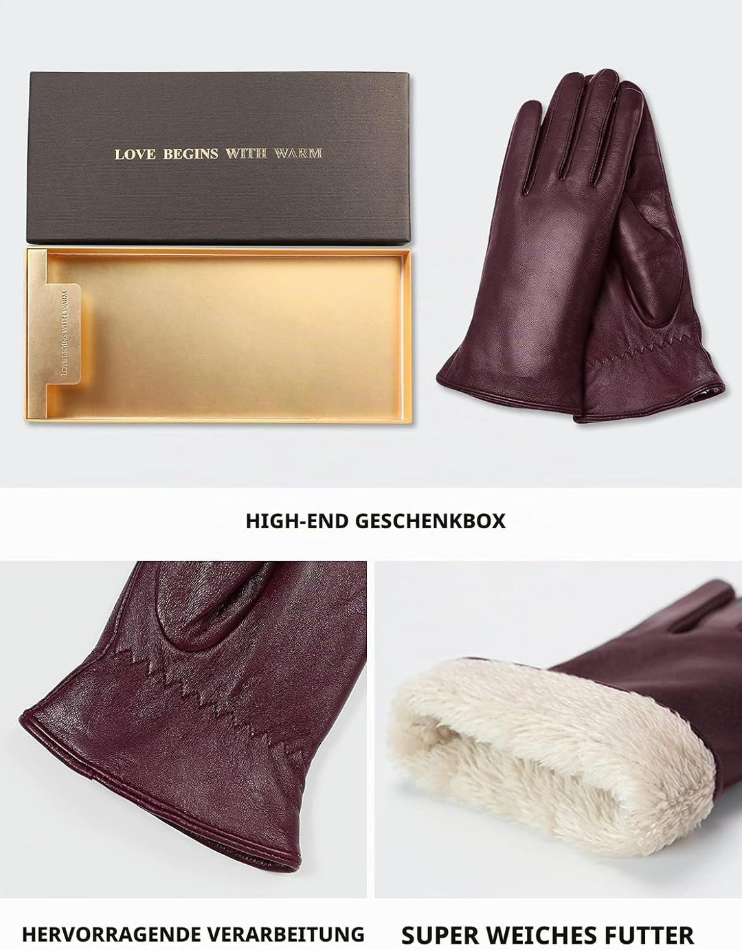 vislivin Vollhand Touchscreen-Handschuhe für Damen Leder Handschuhe Warmer Winter SMS Autofahren Han