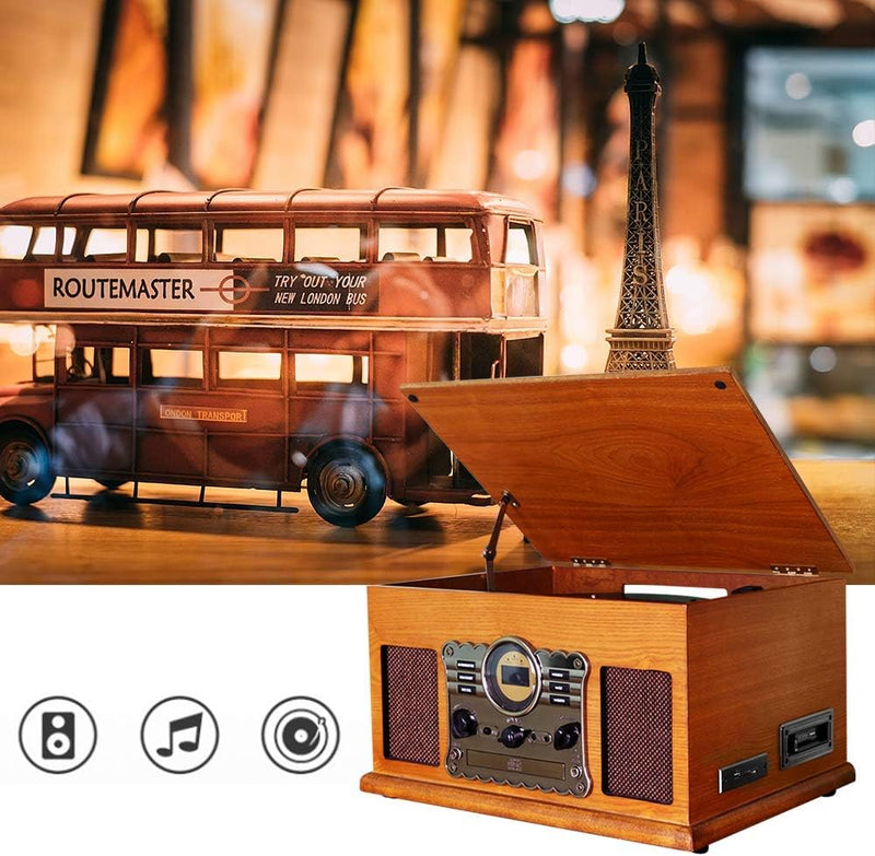 Plattenspieler 9-in-1 DAB Vinyl Turntable Vintage Holz mit Bluetooth/FM/Stereo-Lautsprecher/CD/MP3/K