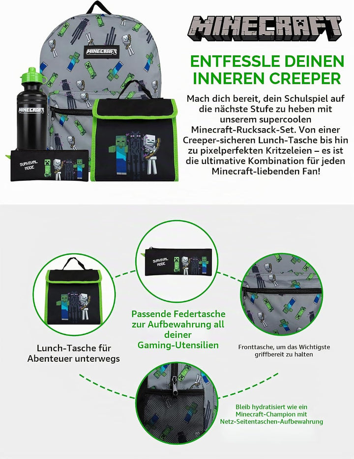 Minecraft Schulranzen Set | Creeper Kinderrucksack | Schulrucksäcke, Brotdosen &amp; Wasserflaschen Set