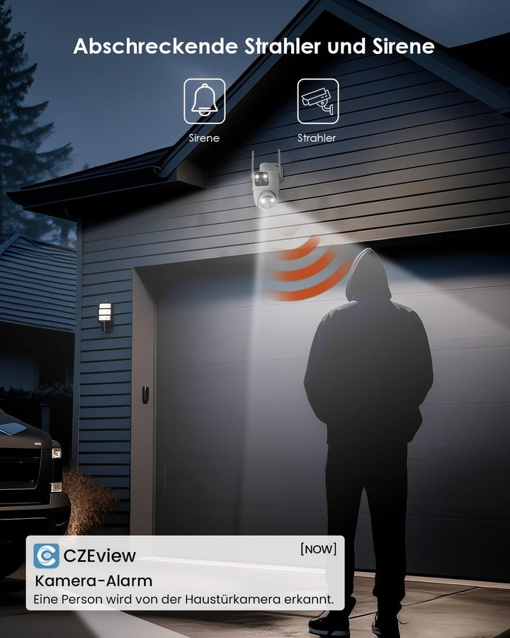 4MP Überwachungskamera Aussen Solar Akku, 360° PTZ Überwachungskamera Aussen, 2.4GHz WLAN Kamera Out