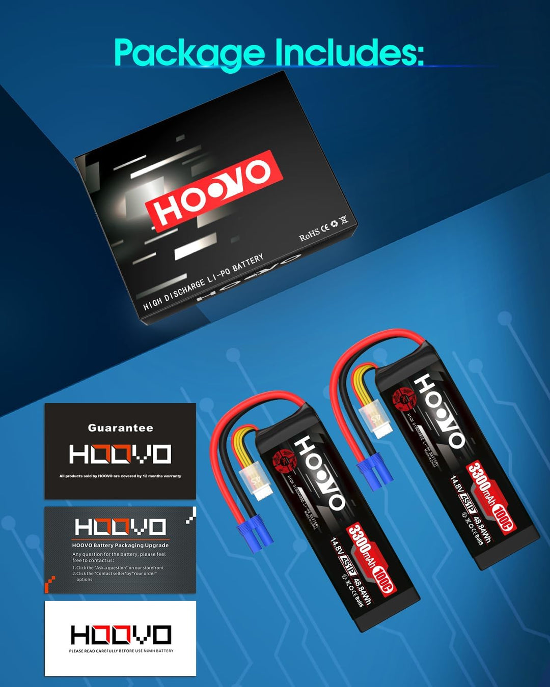 HOOVO 4S Lipo Akku 14,8V 3300mAh 100C RC Battery Softcase mit EC5 Stecker für RC Car Buggy Hubschrau