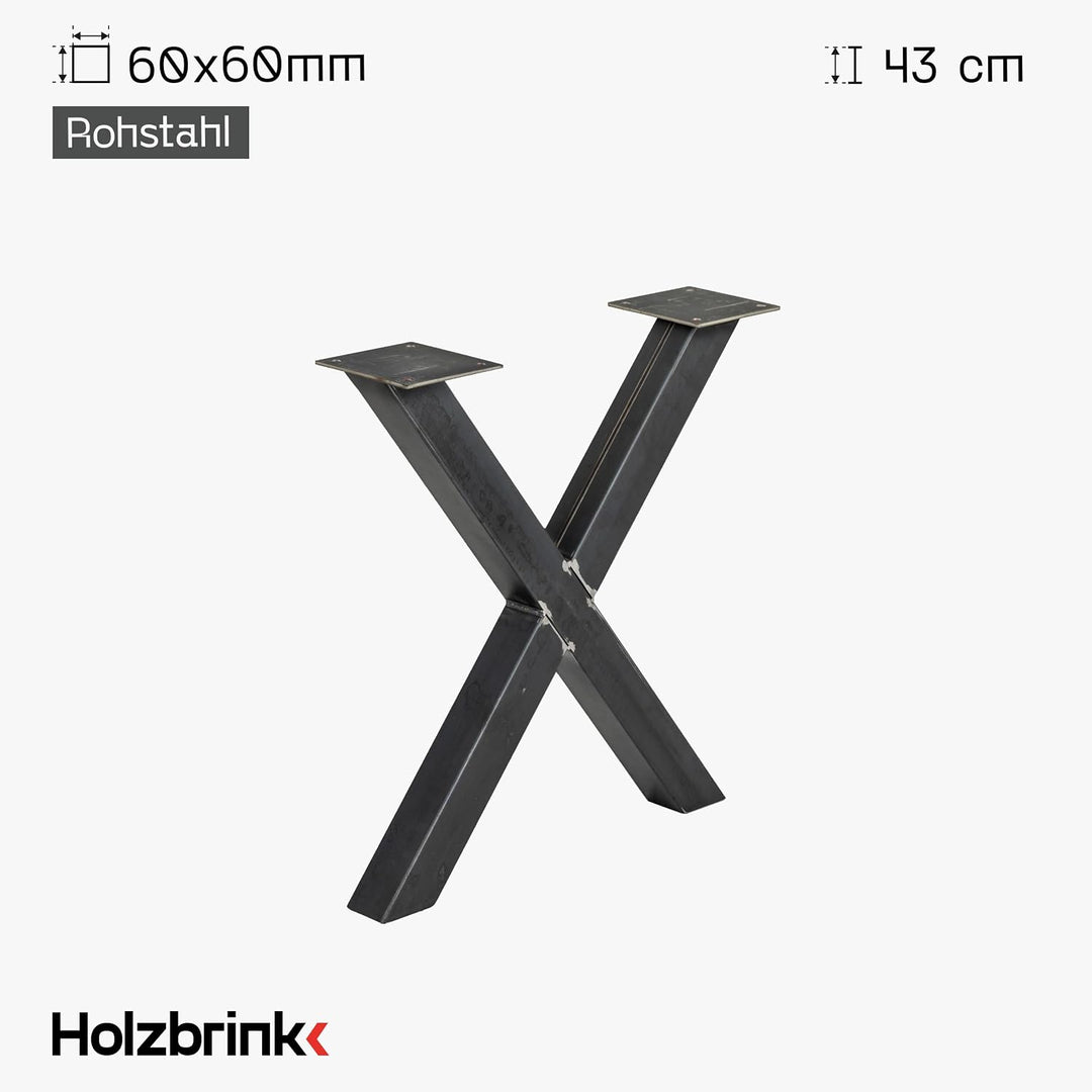 HOLZBRINK Tischbeine Metall Rohstahl mit Klarlack X-Form | Design Tischkufen/Tischgestell für Coucht