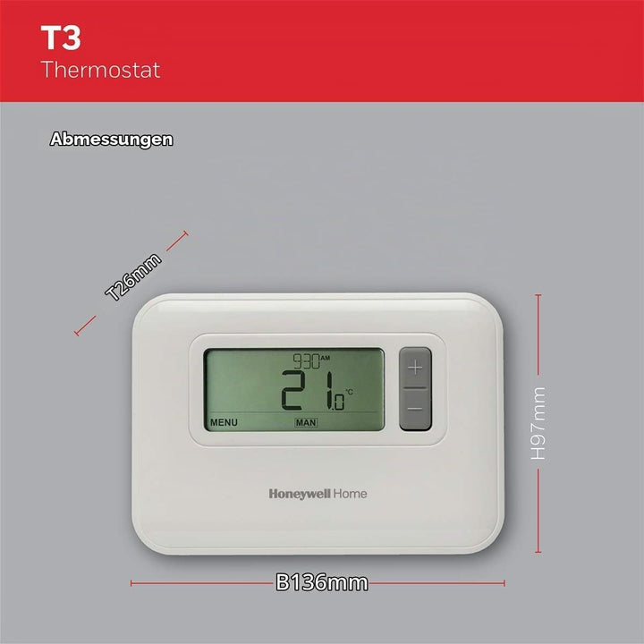 Honeywell Home T3C110AEU T3 7-Tage programmierbarer kabelgebundener Thermostat, Weiss Wire, Wire