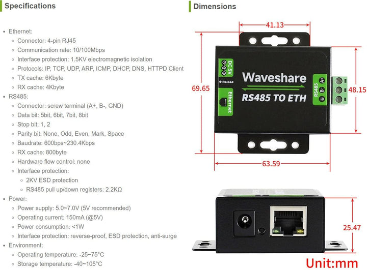 Waveshare RS485 to Ethernet Converter M0 Series 32-bit ARM Processor Supports DNS Domain Name Resolu
