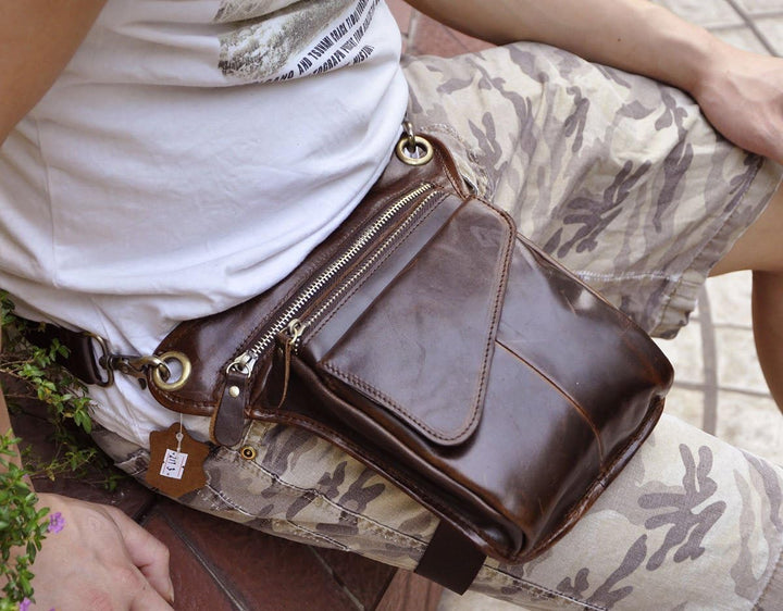Le'aokuu Herren Echtes Leder Rucksäcke Beinbeutel Beintasche Hüfttasche Hip Bum Weist Pack Outdoor M
