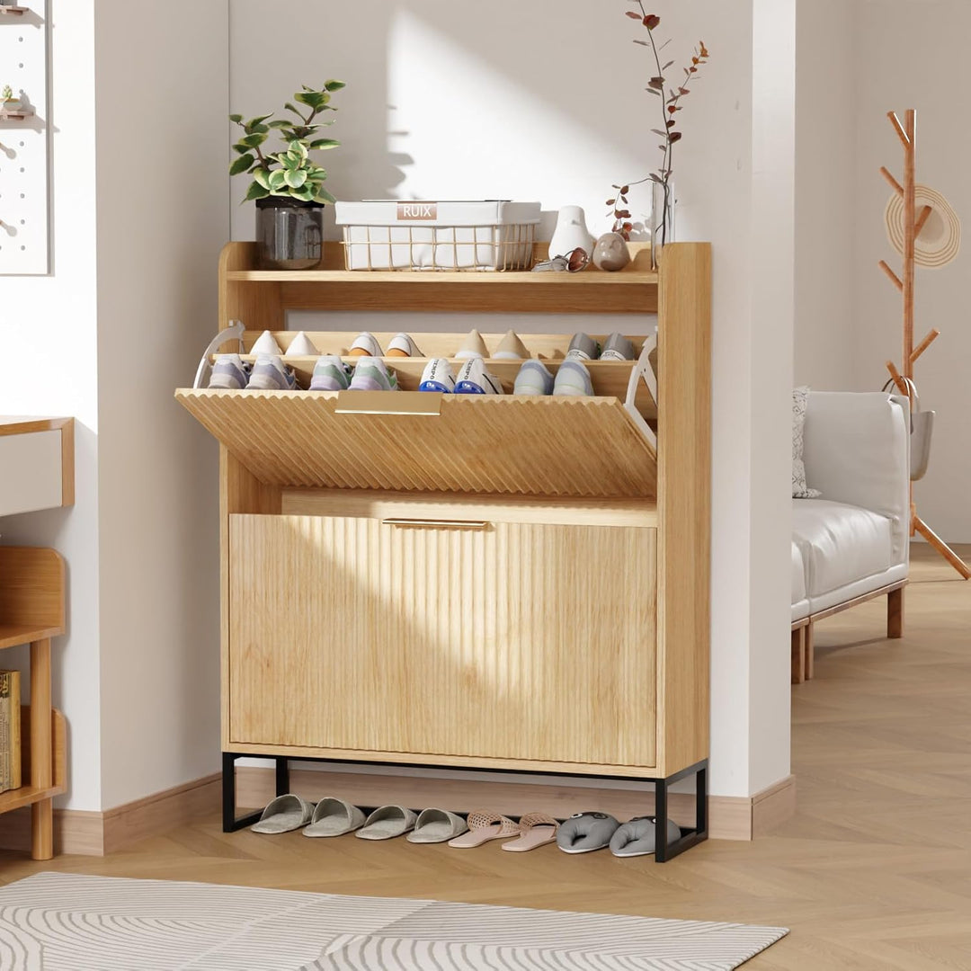 Bonnlo Schuhschrank mit 2 Klappen, Schuhregal mit geriffelte Türen, Schuhkipper Schmal, Schuhaufbewa
