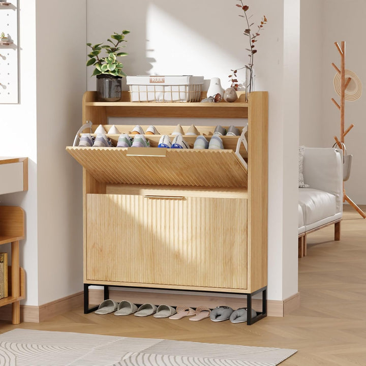 Bonnlo Schuhschrank mit 2 Klappen, Schuhregal mit geriffelte Türen, Schuhkipper Schmal, Schuhaufbewa