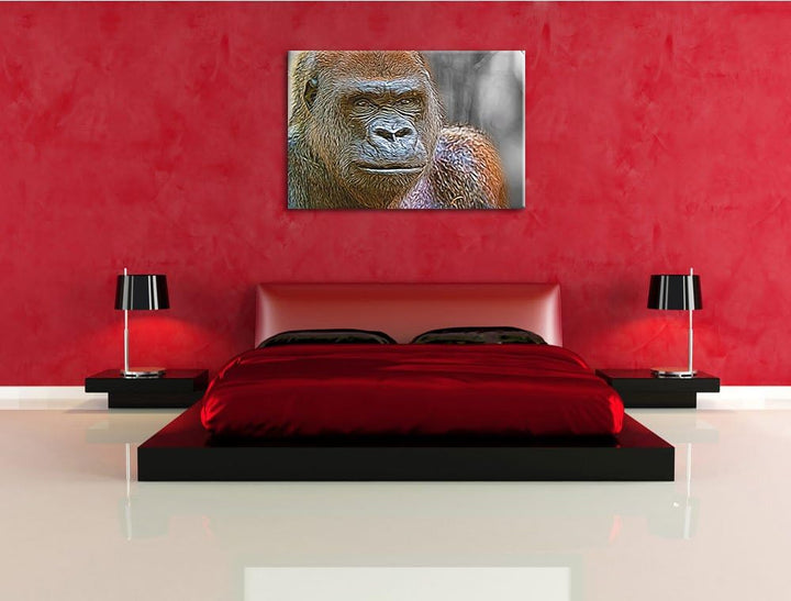 stolzer Gorilla schwarz/weiss Deluxe Format: 100x70 cm auf Leinwand, XXL riesige Bilder fertig gerah