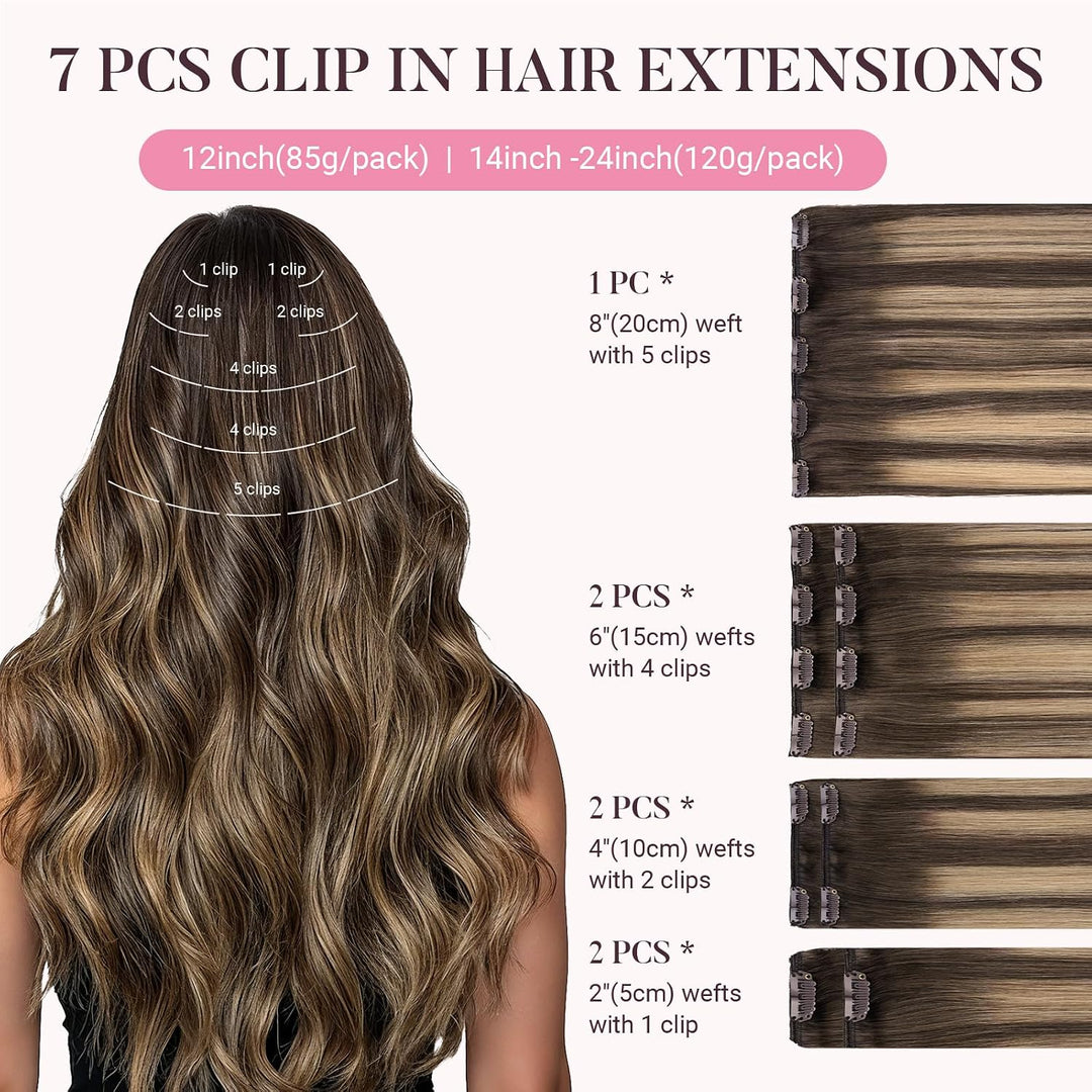 MAXITA Clip in Haarverlängerungen aus echtem Menschenhaar, Remy Haar Clip in Extensions für Damen, n