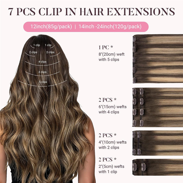 MAXITA Clip in Haarverlängerungen aus echtem Menschenhaar, Remy Haar Clip in Extensions für Damen, n