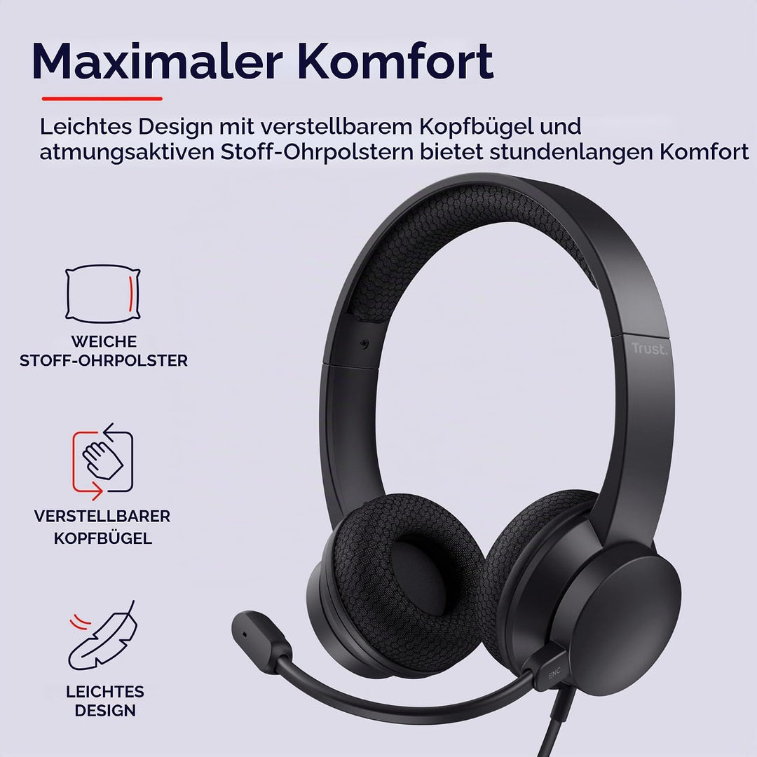 Trust Ayda USB Headset mit Mikrofon On-Ear, Noise Cancelling ENC Mikrofon, Leichtes Design, 65% Recy