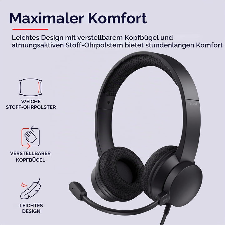 Trust Ayda USB Headset mit Mikrofon On-Ear, Noise Cancelling ENC Mikrofon, Leichtes Design, 65% Recy
