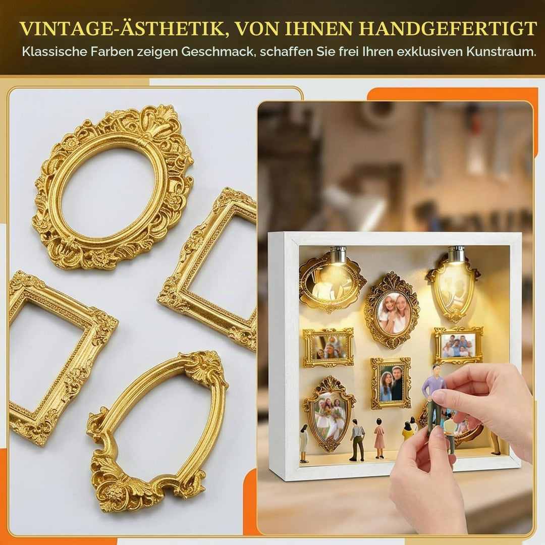 DIY Mini Museum Bilderrahmen mit LED Licht, Silhouettenbox Set mit 8 Mini Goldrahmen &amp; Figuren, 3D E