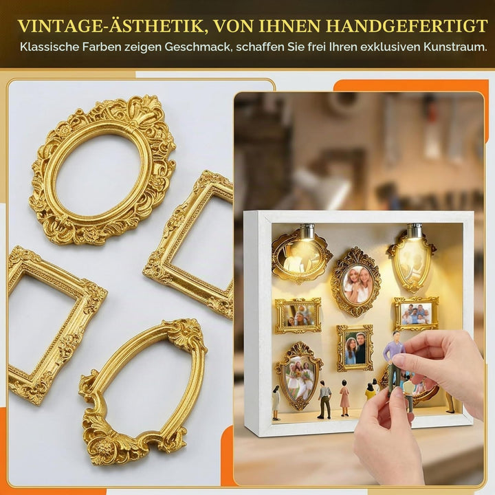 DIY Mini Museum Bilderrahmen mit LED Licht, Silhouettenbox Set mit 8 Mini Goldrahmen &amp; Figuren, 3D E