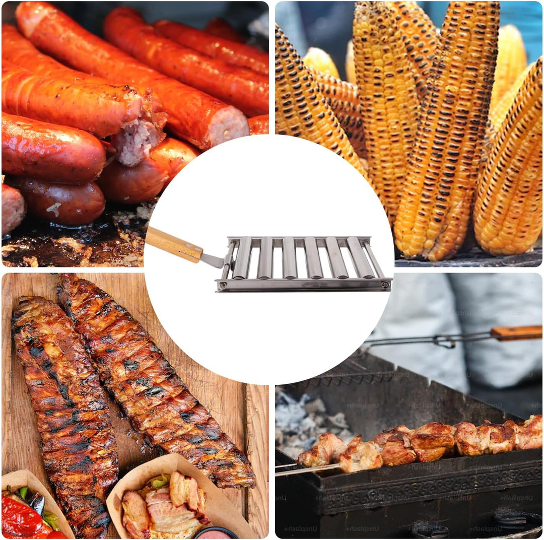 Edelstahl Hot Dog Roller für Grill + Metallspatel mit Langem Holzgriff, BBQ Wurstroller für Grill Pl