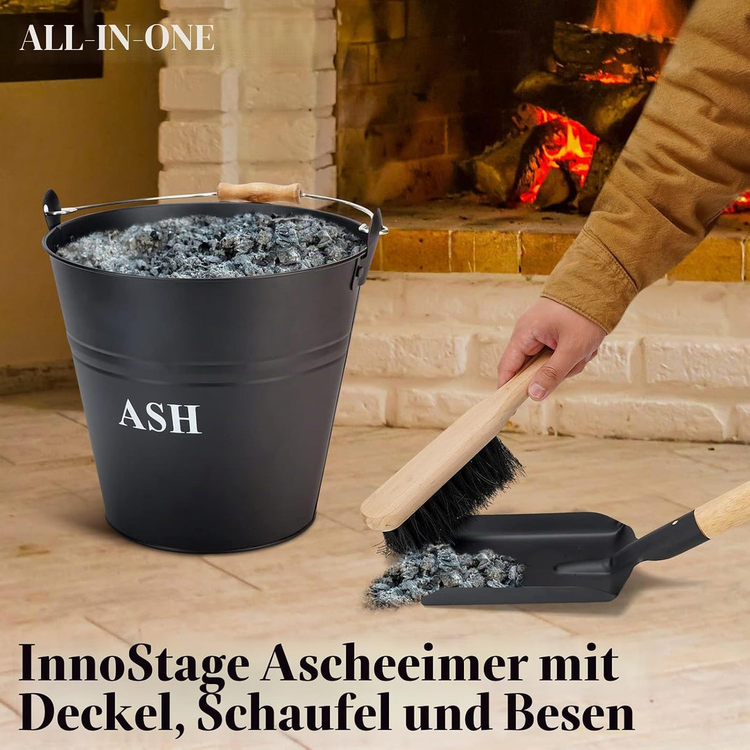INNO Stage Ascheeimer mit Deckel, Schaufel und Besen, Kohleeimer für Kamin, Feuerstelle, Herde, Holz