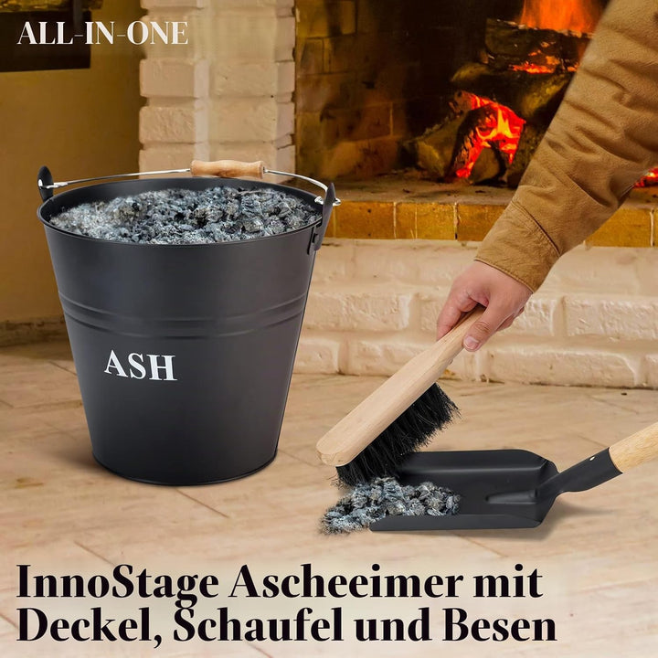 INNO Stage Ascheeimer mit Deckel, Schaufel und Besen, Kohleeimer für Kamin, Feuerstelle, Herde, Holz