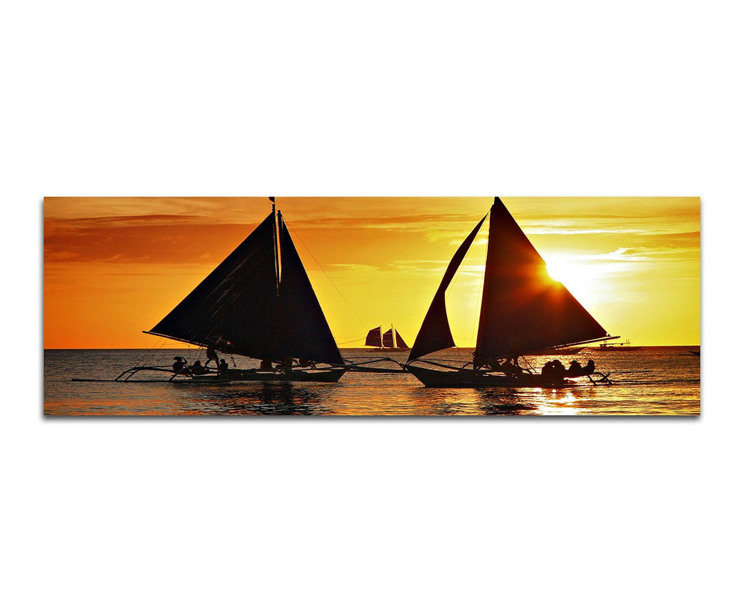 Paul Sinus Art Panoramabild auf Leinwand und Keilrahmen 150x50cm Island Meer Segelboote Sonnenunterg