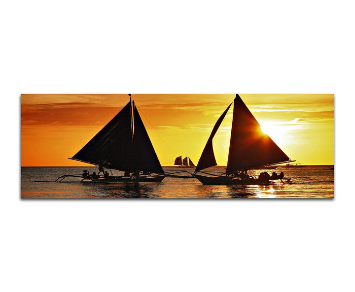 Paul Sinus Art Panoramabild auf Leinwand und Keilrahmen 150x50cm Island Meer Segelboote Sonnenunterg