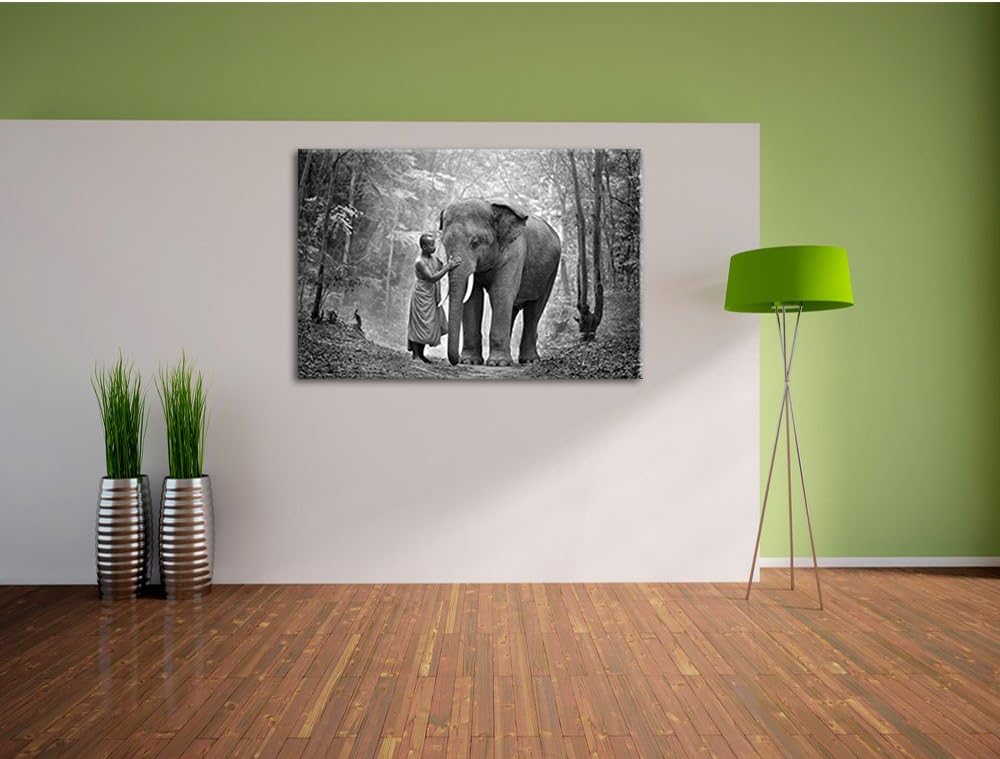 Pixxprint Elefant mit Mönch B&W als Leinwandbild/Grösse: 100x70 cm/Wandbild/Kunstdruck/fertig bespan