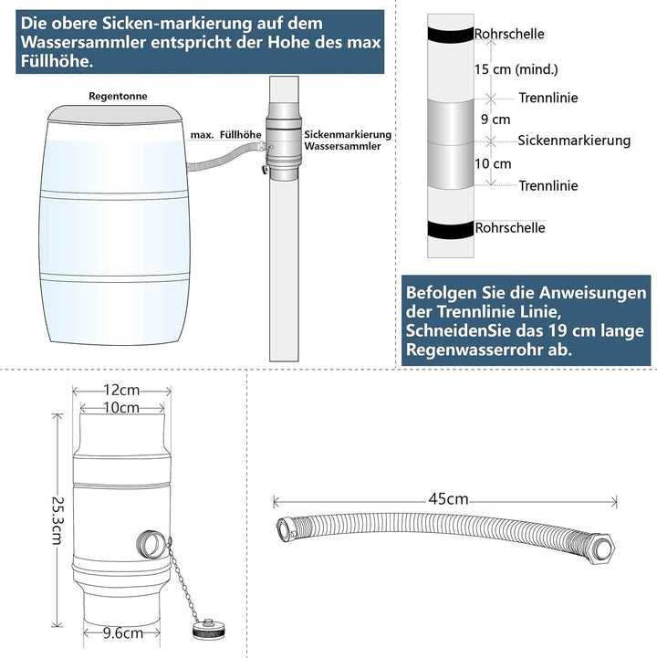IGarden 100mm Regenwassersammler mit 45cm Schlauch- und Fassanschluss für das Fallrohr,Verzinktem St