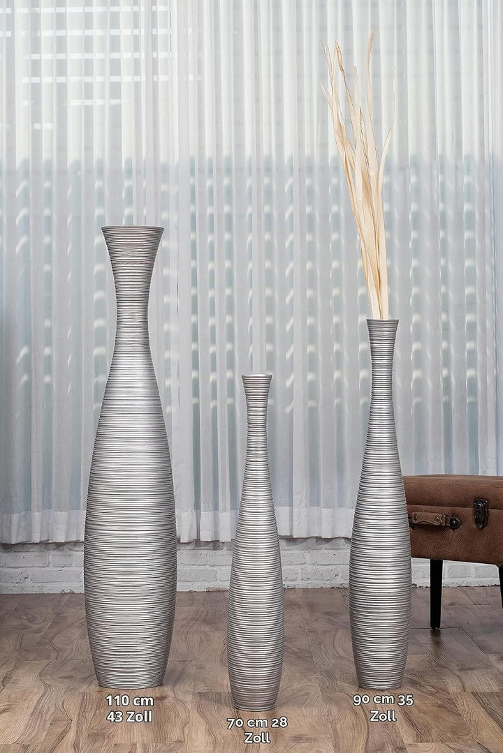 Leewadee Grosse Bodenvase für Dekozweige hohe Standvase Design Holzvase, Holz, 70 cm, Silber 70 cm S