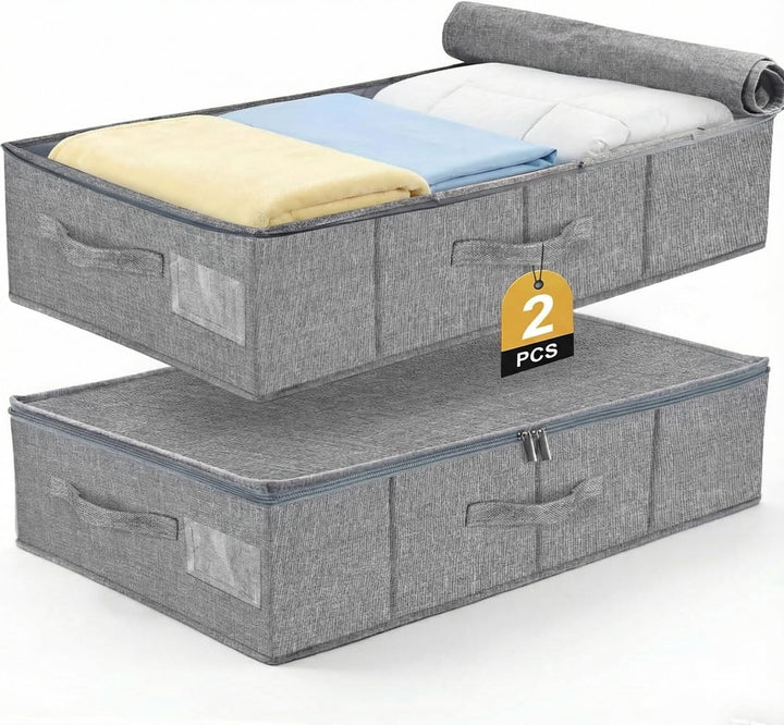 2er Set Unterbett Aufbewahrungsbox 17cm Hoch - Unterbettkommode mit Decke aus Leinenmaterial, 3 Grif