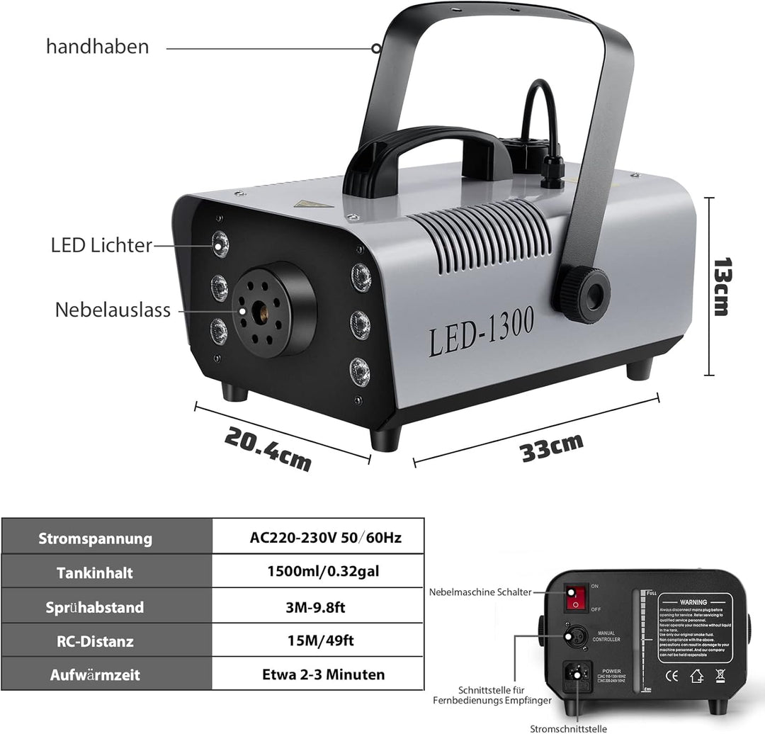 1300 Nebelmaschine mit RGB Effekt,13 Farbigen 6 LED Licht Smoke Machine,Mini Fog Rauchmaschine mit 2
