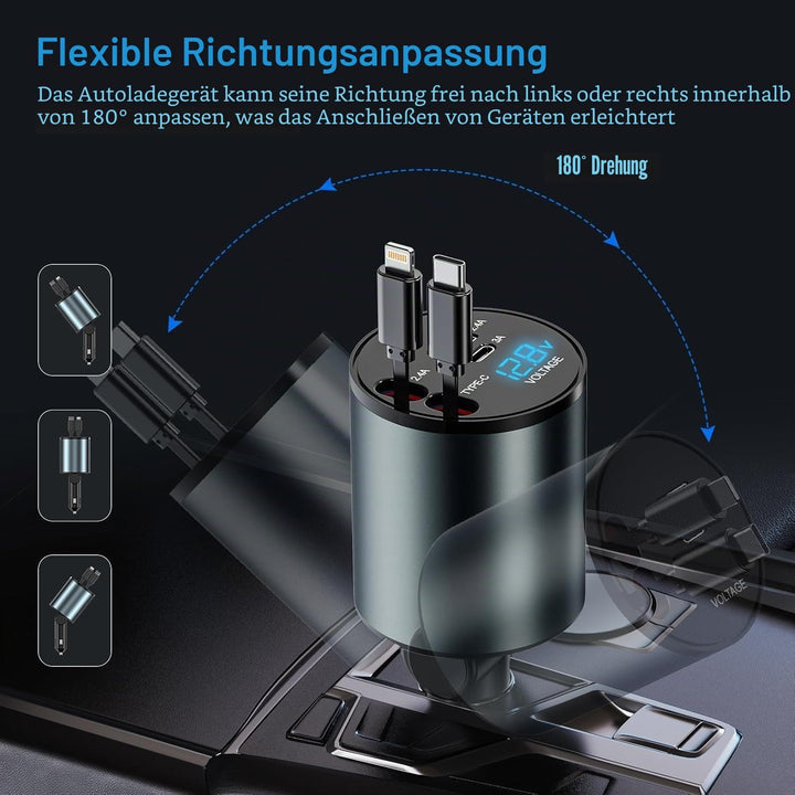 Auto Ladegerät Zigarettenanzünder USB C 4 in 1 56W - KFZ Ladegerät mit 2 einziehbaren Kabeln(Type C,