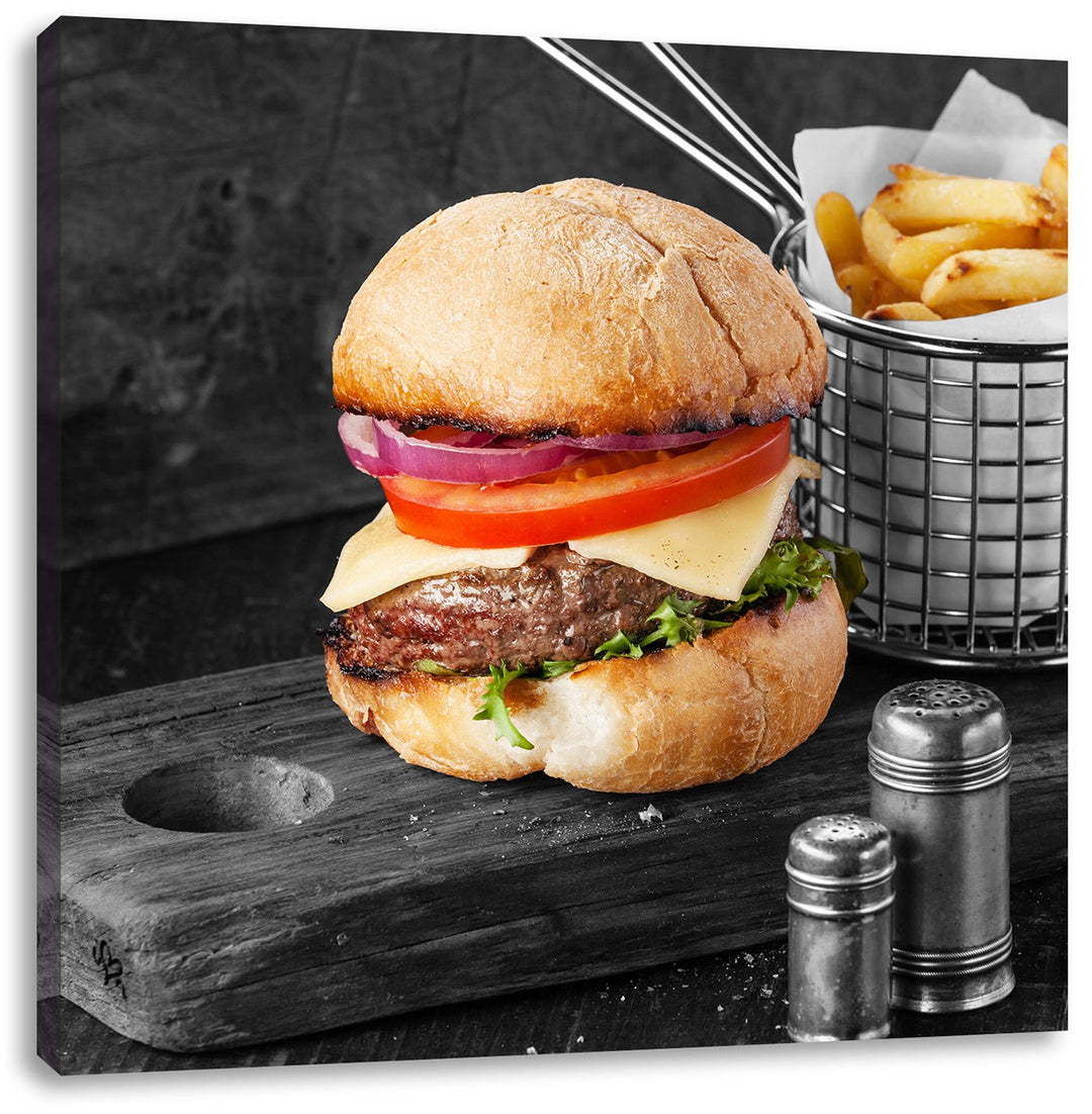 Pixxprint Cheesburger mit Pommes Schwarz/Weiss, Format: 70x70 auf Leinwand, 70x70