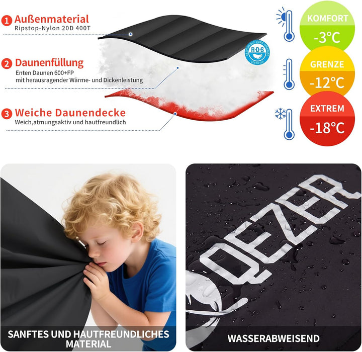 Daunenschlafsack, Schlafsack Ultraleicht, 600FP+ Premium Daunen, Geeignet für Winter/Sommer, geeigne